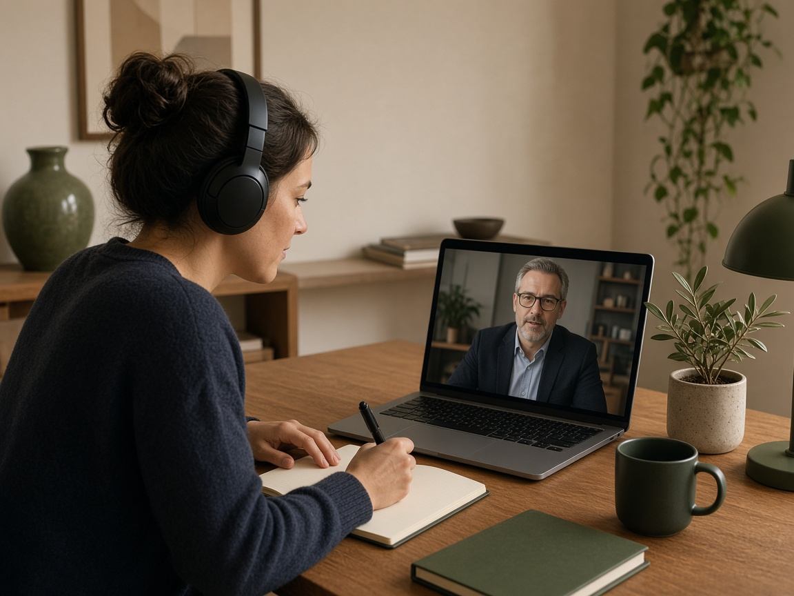 Facilitator conducting a remote B2B decision-maker interview with notes on screen